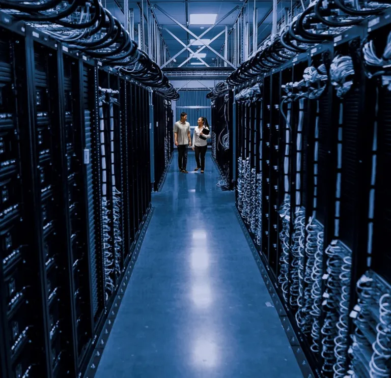 2 people walking through a data centre