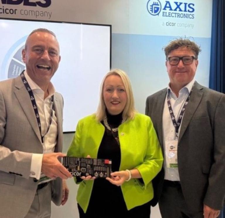 Cicor representatives with Economy Secretary Rebecca Evans at DSEI UK