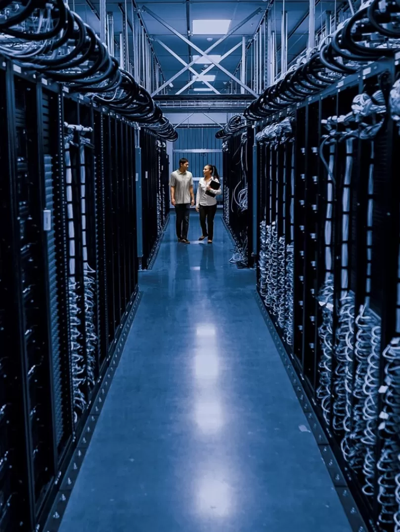 2 people walking through a data centre